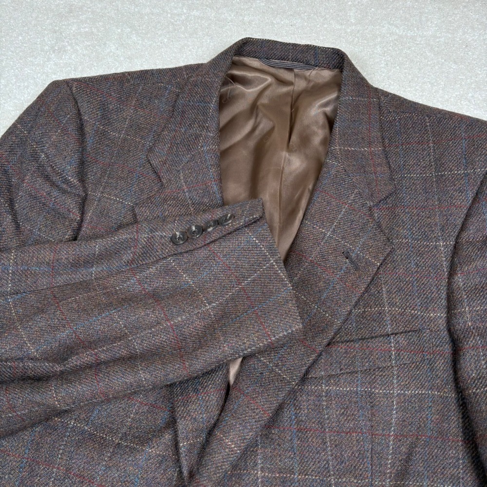 Vtg Christian Dior Brown Plaid Wool Tweed Sport Coat Blazer Two Button Mens 44R
